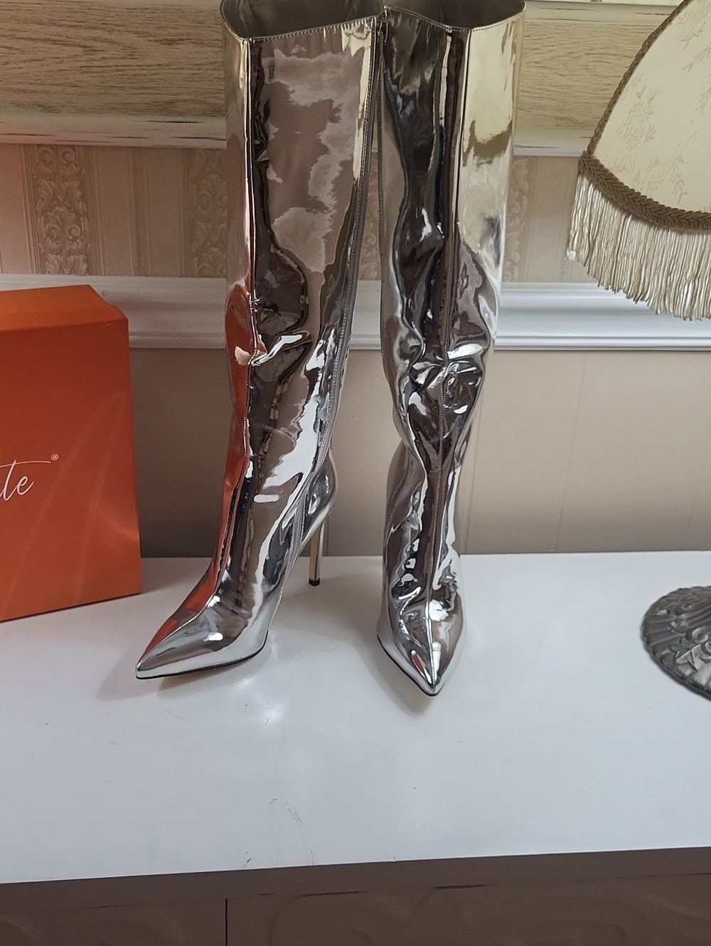 Nwt, Mucc Cute Metallic Silver Knee-High Stiletto Boots, Size 7